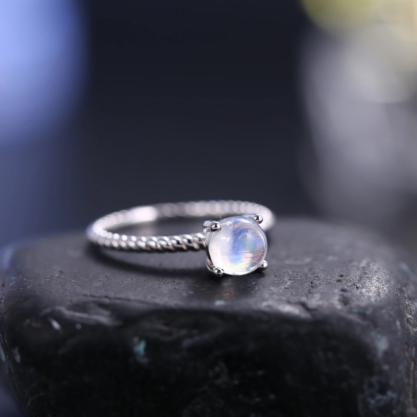 Textured Milky Blue Moonstone Ring in 925 Sterling Silver by Choosen Jewelry - Classic Wedding Band