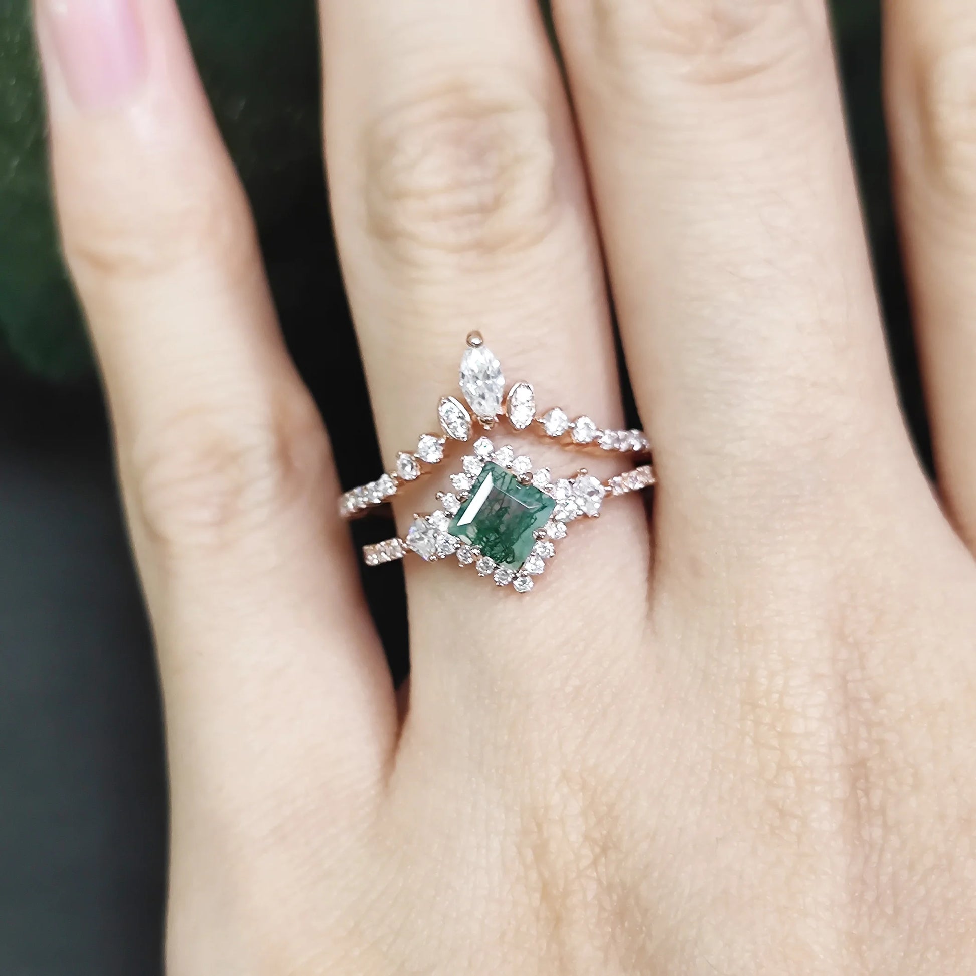 Princess Cut Moss Agate Halo Engagement Ring Set in Rose Gold - 925 Sterling Silver, with Marquise and Round Cut CZ Side Stones, Moss Agate Promise Ring Set for Women