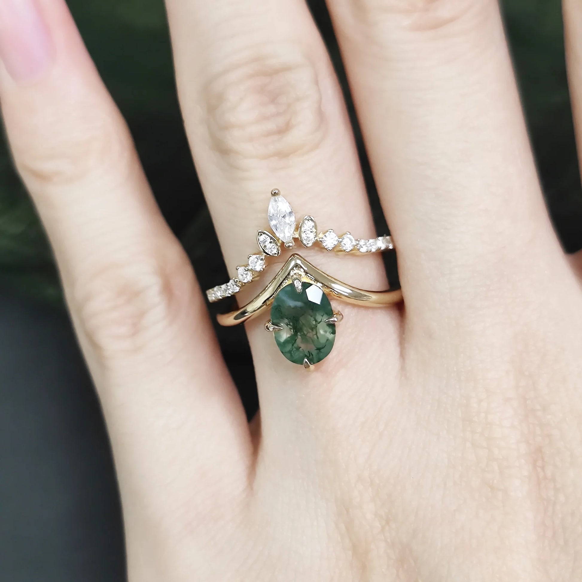 Oval Cut Moss Agate Pave Engagement Ring Set in Gold - 925 Sterling Silver, with Marquise and Round Cut CZ Side Stones, Moss Agate Curved Promise Ring Set for Women