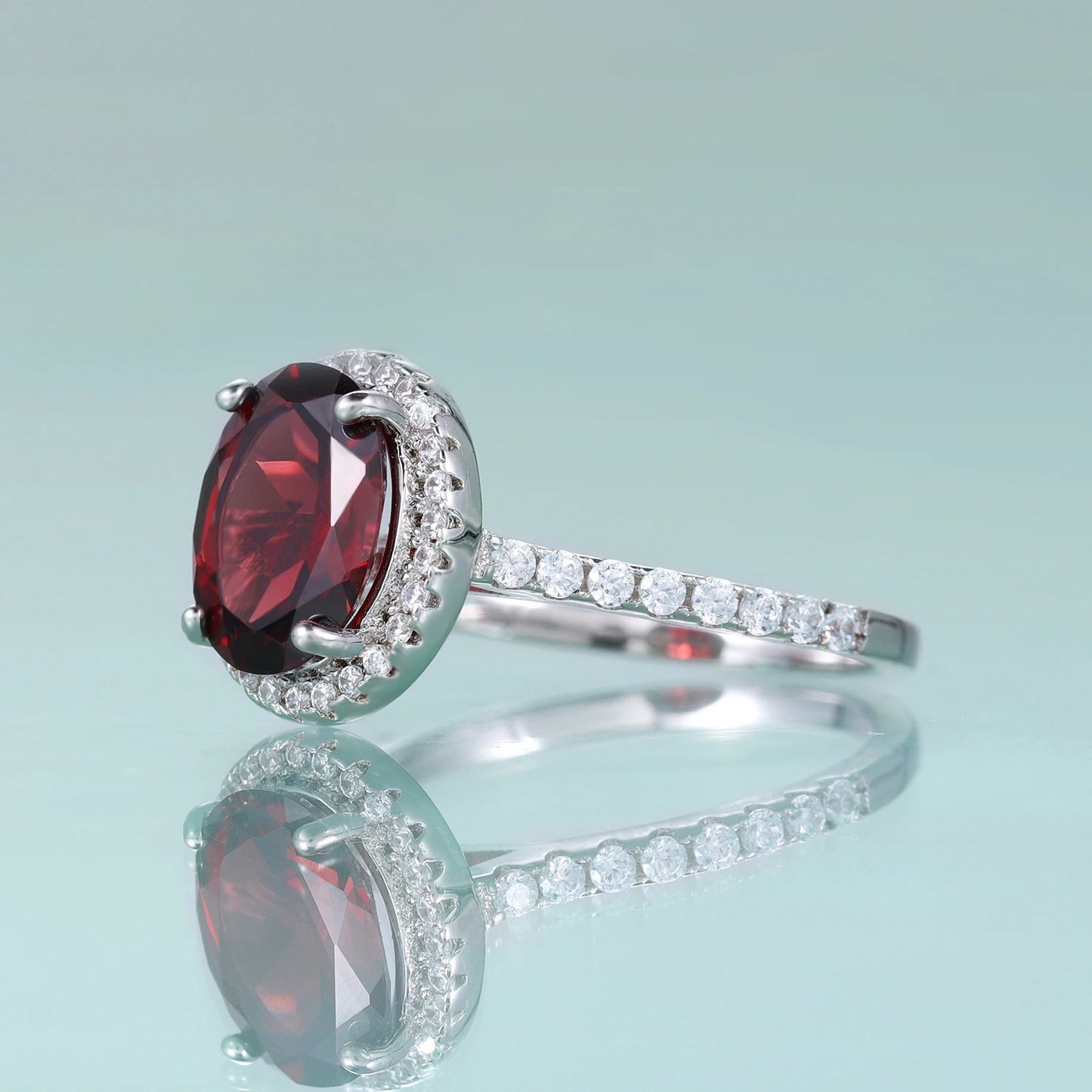 Oval Garnet Halo Engagement Ring with CZ Accents - Choosen Jewelry 925 Sterling Silver