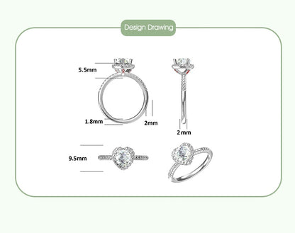 Heart Shaped Halo Ring, 1.0Ct D Color VVS1 Moissanite, 925 Sterling Silver