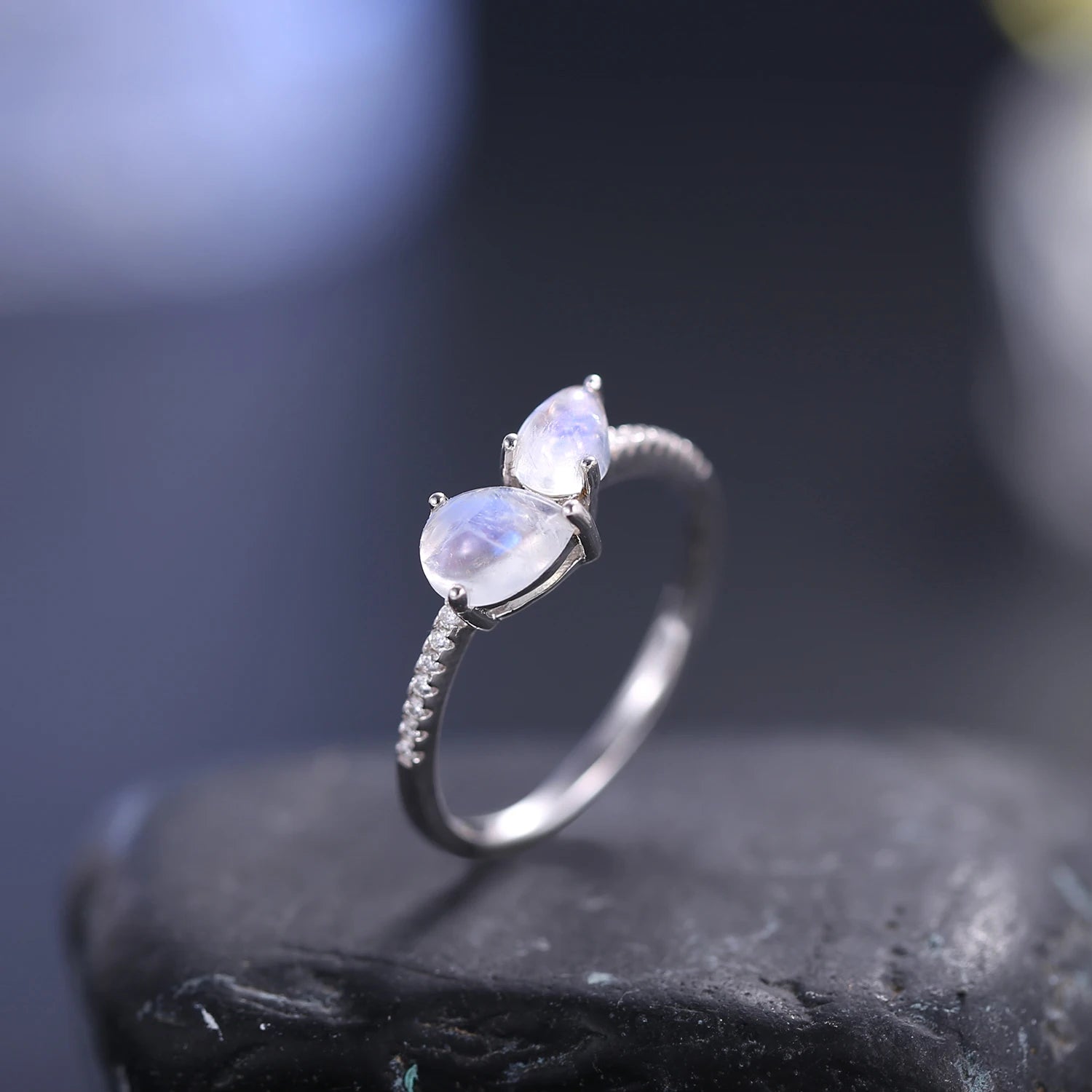 Rainbow Moonstone Gemstone Ring in 925 Sterling Silver with CZ Side Stones - 5*7 mm Pear Cut | Elegant June Birthstone Jewelry, Ideal Moonstone Gifts