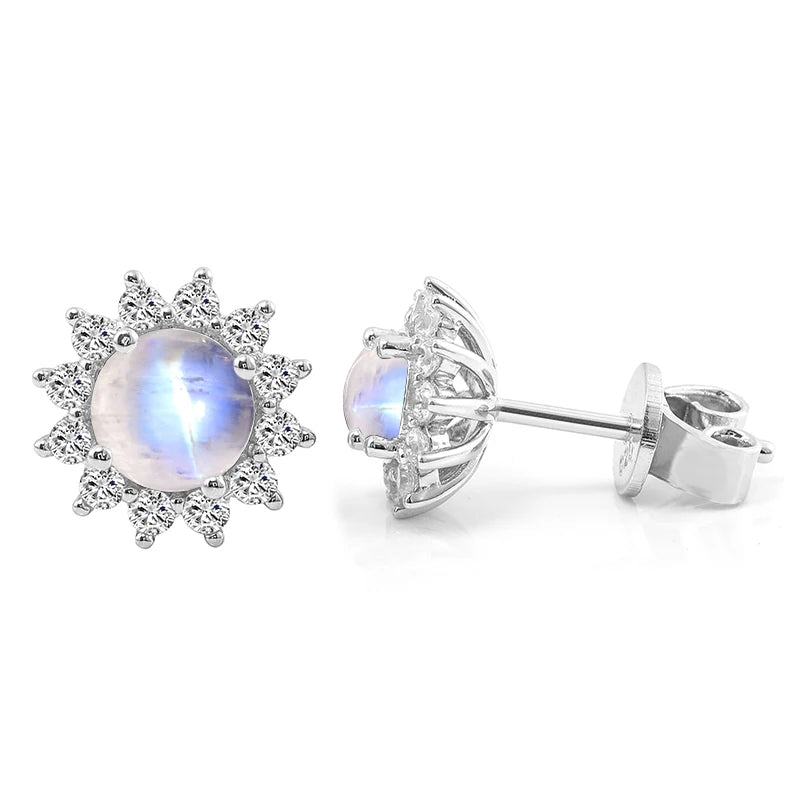 Moonstone Halo Stud Earrings in 925 Sterling Silver with Round Cut CZ Side Stones, Elegant June Birthstone Jewelry, Ideal Moonstone Gifts - 5*5mm