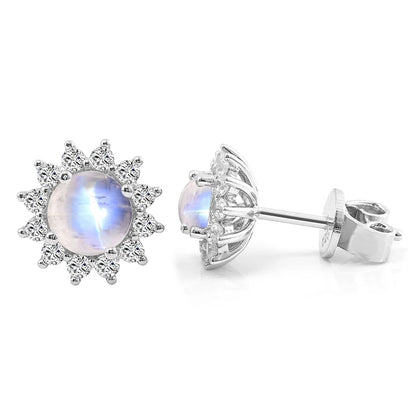 Moonstone Halo Stud Earrings in 925 Sterling Silver with Round Cut CZ Side Stones, Elegant June Birthstone Jewelry, Ideal Moonstone Gifts - 5*5mm