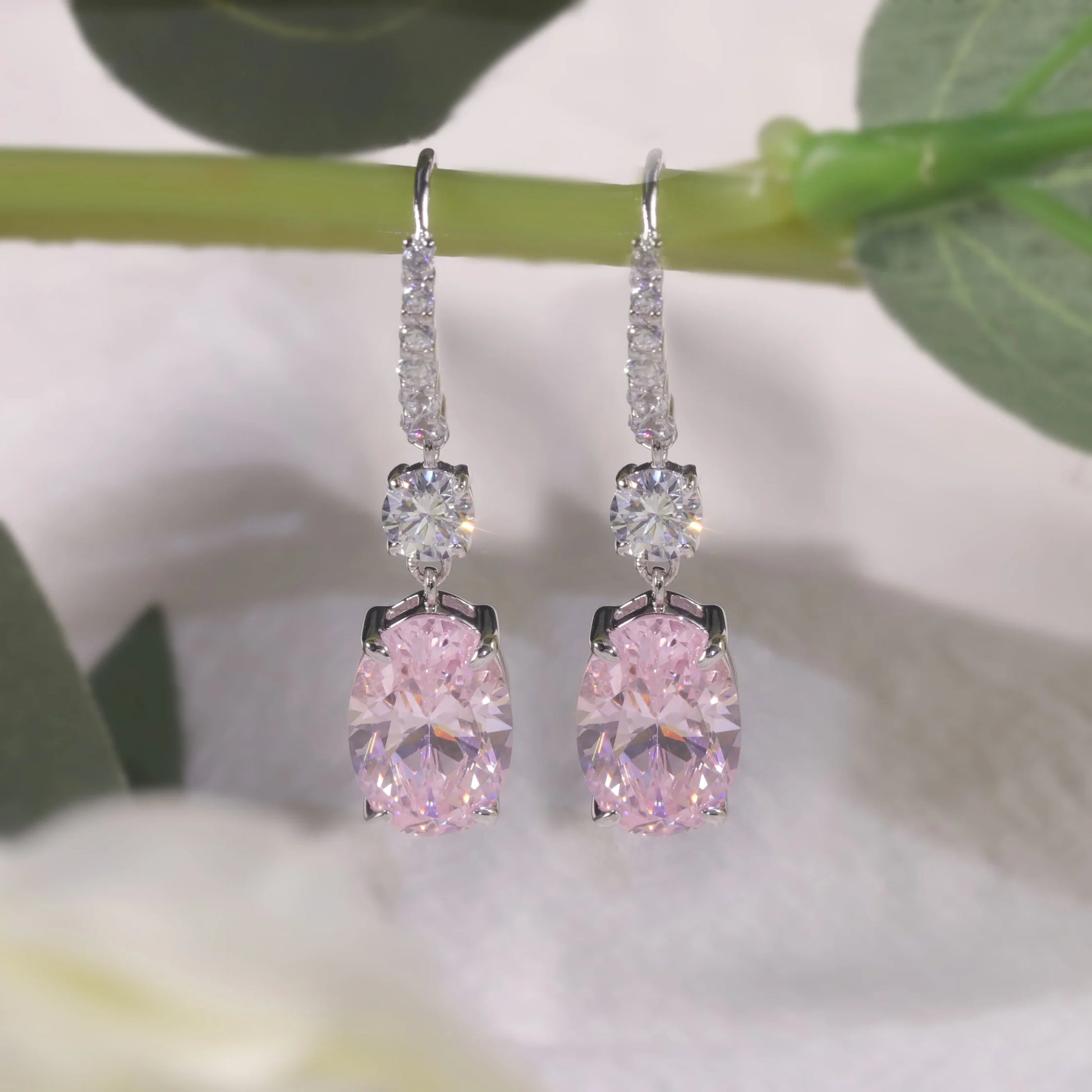 Choosen Jewelry: Pink CZ Diamond Drop Earrings in 925 Sterling Silver, White Gold Plated