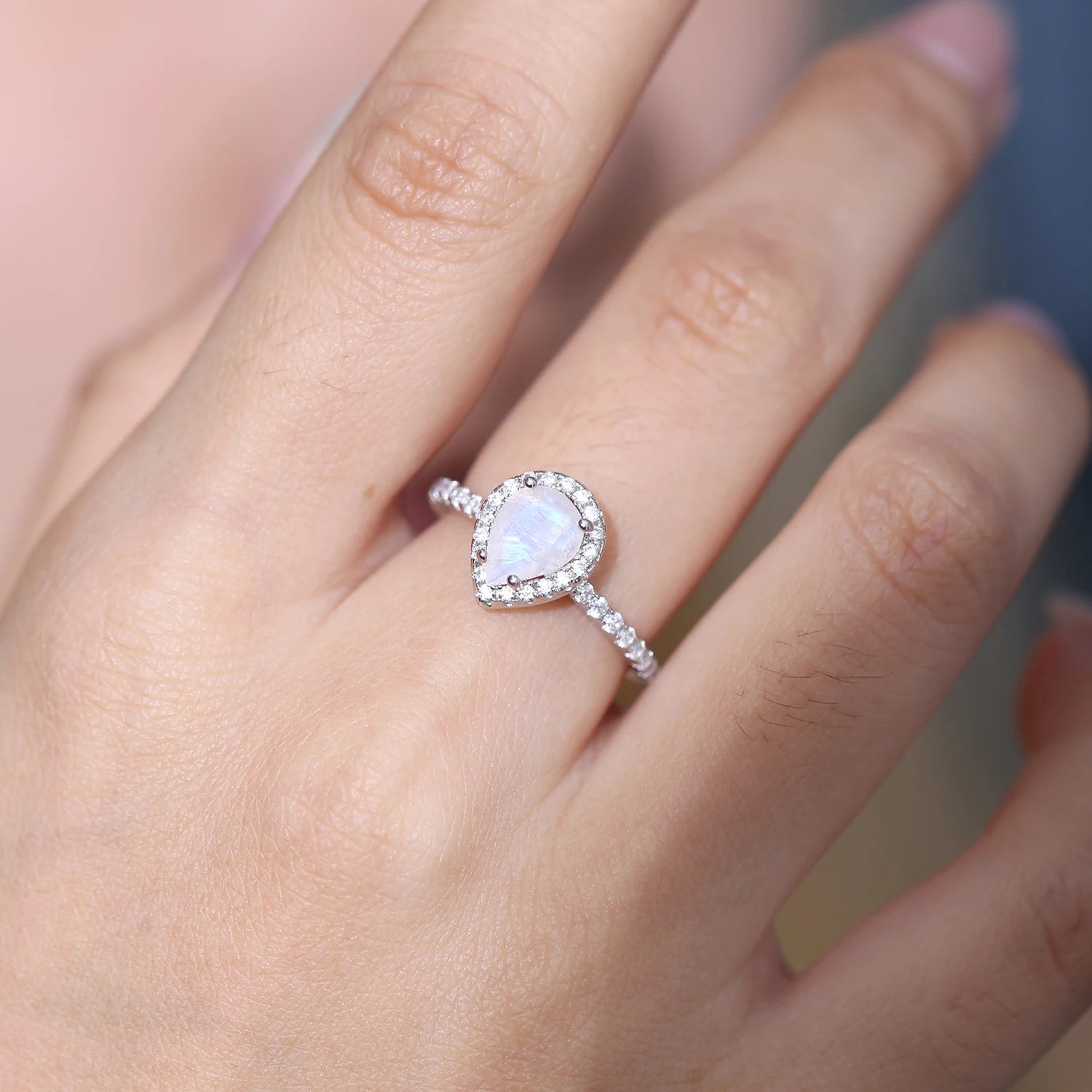 Vintage Pear Moonstone Halo Engagement Ring - June Birthstone 925 Sterling Silver by Choosen Jewelry