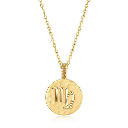 Zodiac Sign Coin Necklace, 12 Constellation Pendant, 10K Gold Plated