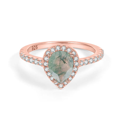 Pear Shaped Moss Agate Engagement Ring Set in Rose Gold - 925 Sterling Silver, with Round Cut CZ Side Stones, Moss Agate Promise Ring Set for Women