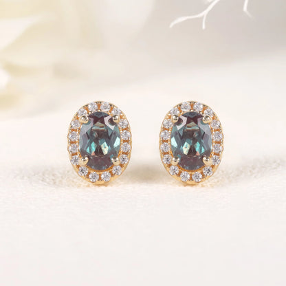 Choosen Jewelry Alexandrite Halo Stud Earrings - 925 Sterling Silver, Yellow Gold Plated