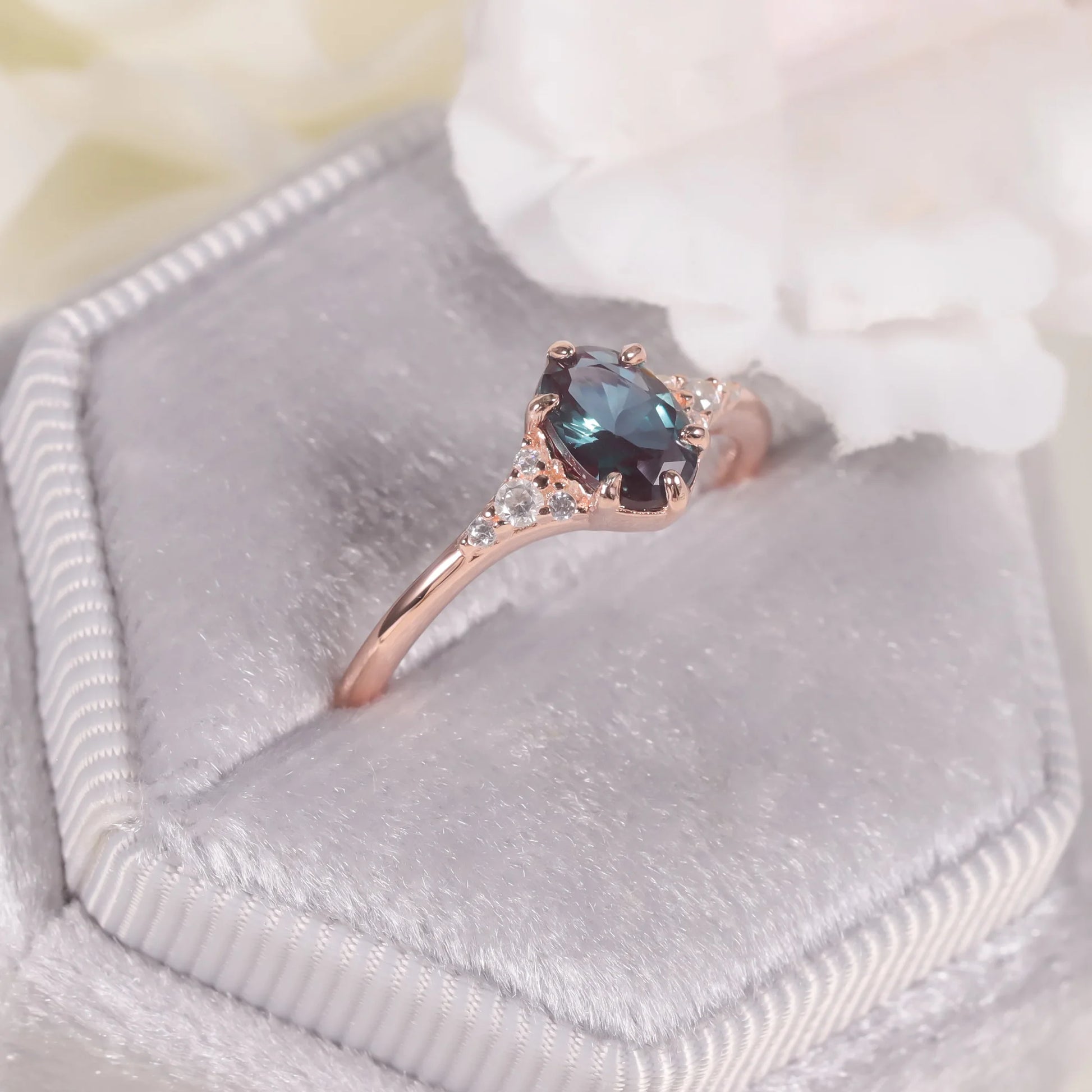 Choosen Jewelry: 925 Sterling Silver Oval Alexandrite Engagement Ring with Rose Gold Plating