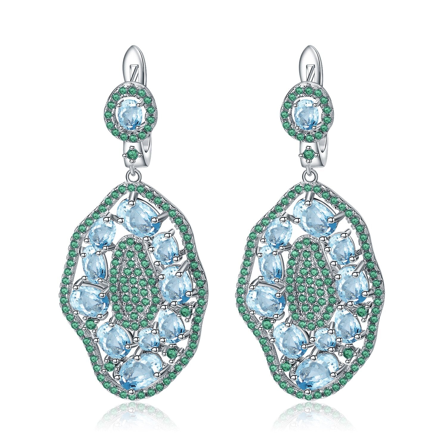 7.74Ctw Emerald-Blue Topaz Clip On Drop Earrings, 925 Sterling Sliver