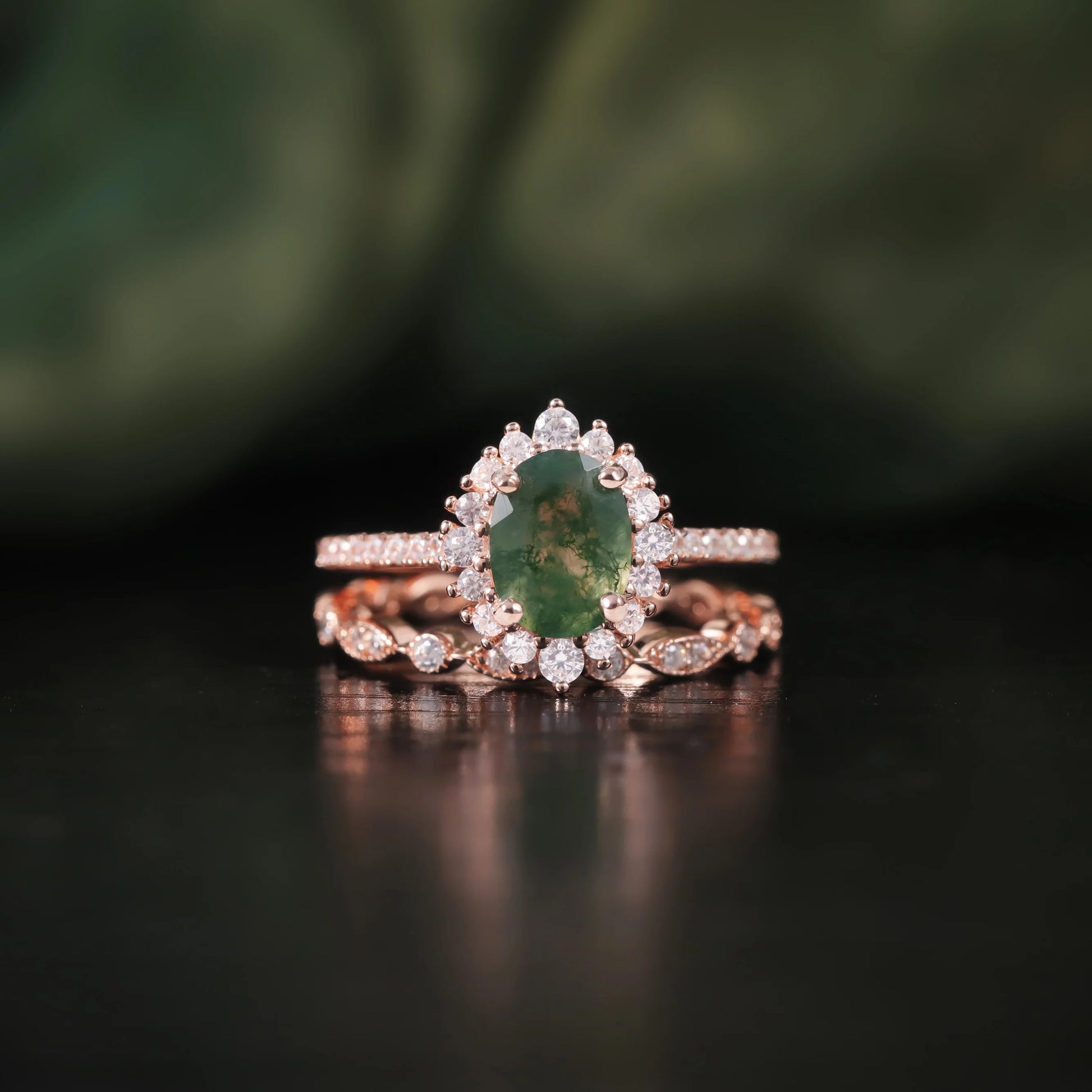 Oval Cut Moss Agate Halo Pave Engagement Ring Set in Rose Gold - 925 Sterling Silver, with Round Cut CZ Side Stones, Moss Agate Promise Ring Set for Women