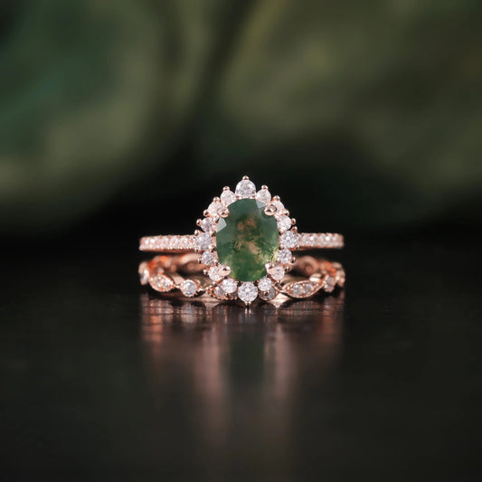 Oval Cut Moss Agate Halo Pave Engagement Ring Set in Rose Gold - 925 Sterling Silver, with Round Cut CZ Side Stones, Moss Agate Promise Ring Set for Women