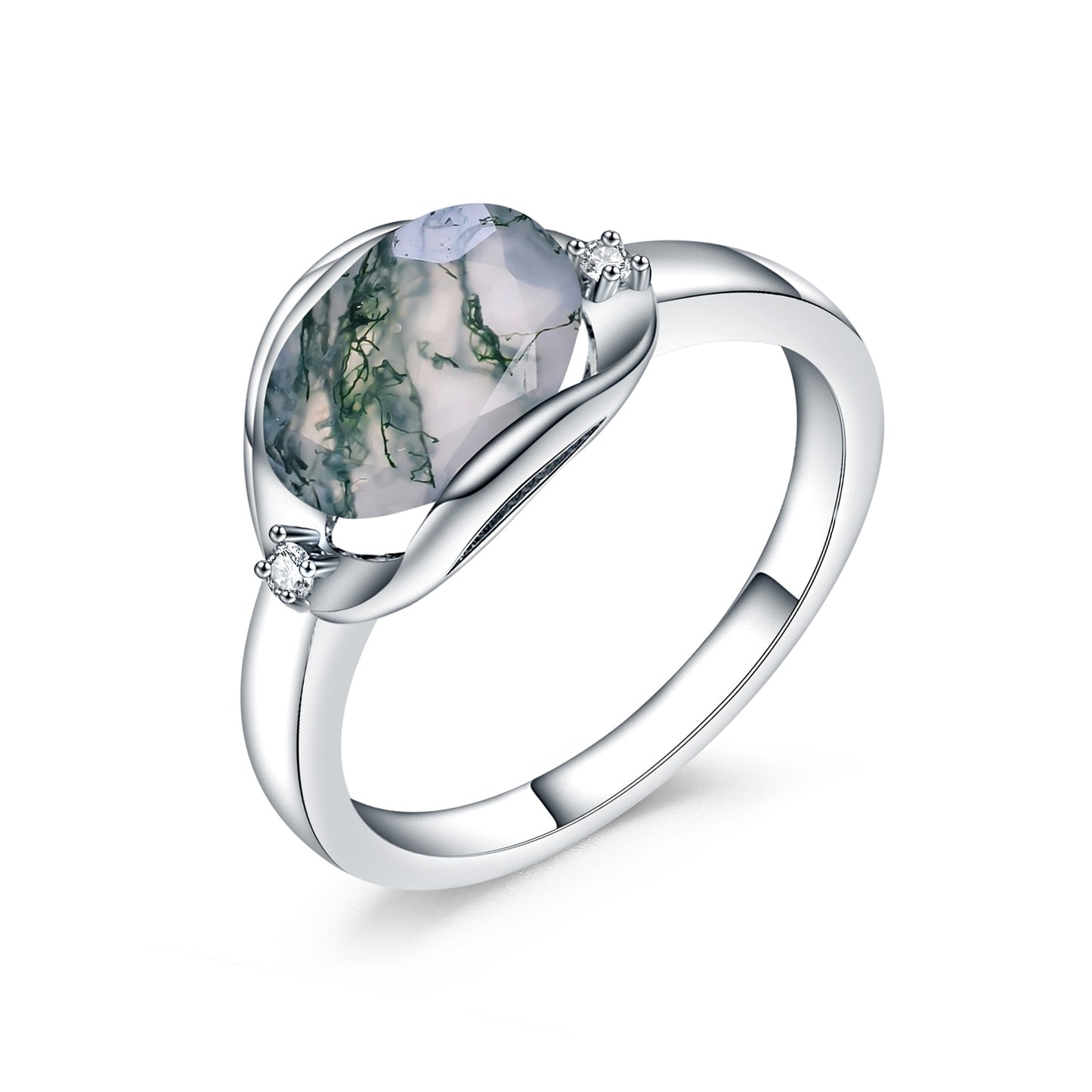 2.91Ct Oval Cut Moss Agate Cluster Ring, Channel Set in 925 Sterling Silver