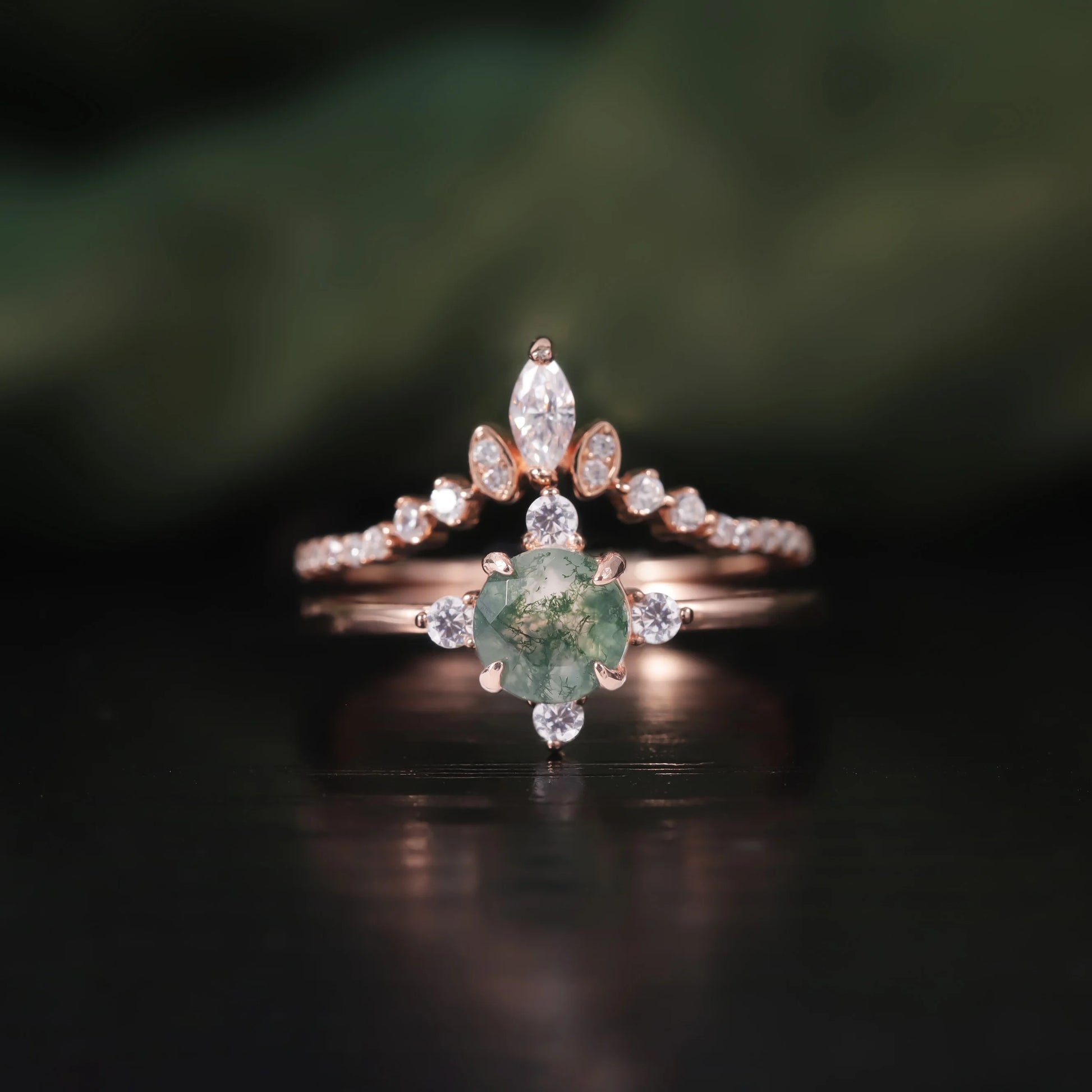 0.55 Carat Round Cut Royal Vintage Half Scalloped Halo Natural Green Moss Agate with Beaded Shank Engagement on sale Ring in White Gold,Unique Ring