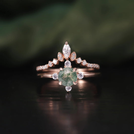 Round Cut Moss Agate Halo Pave Engagement Ring Set in Rose Gold - 925 Sterling Silver, with Marquise and Round Cut CZ Side Stones, Moss Agate Promise Ring Set for Women