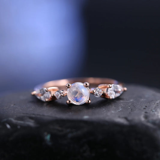 Rainbow Moonstone Gemstone Ring in 925 Sterling Silver with CZ Side Stones - 5*5 mm | Elegant June Birthstone Jewelry, Ideal Moonstone Gifts