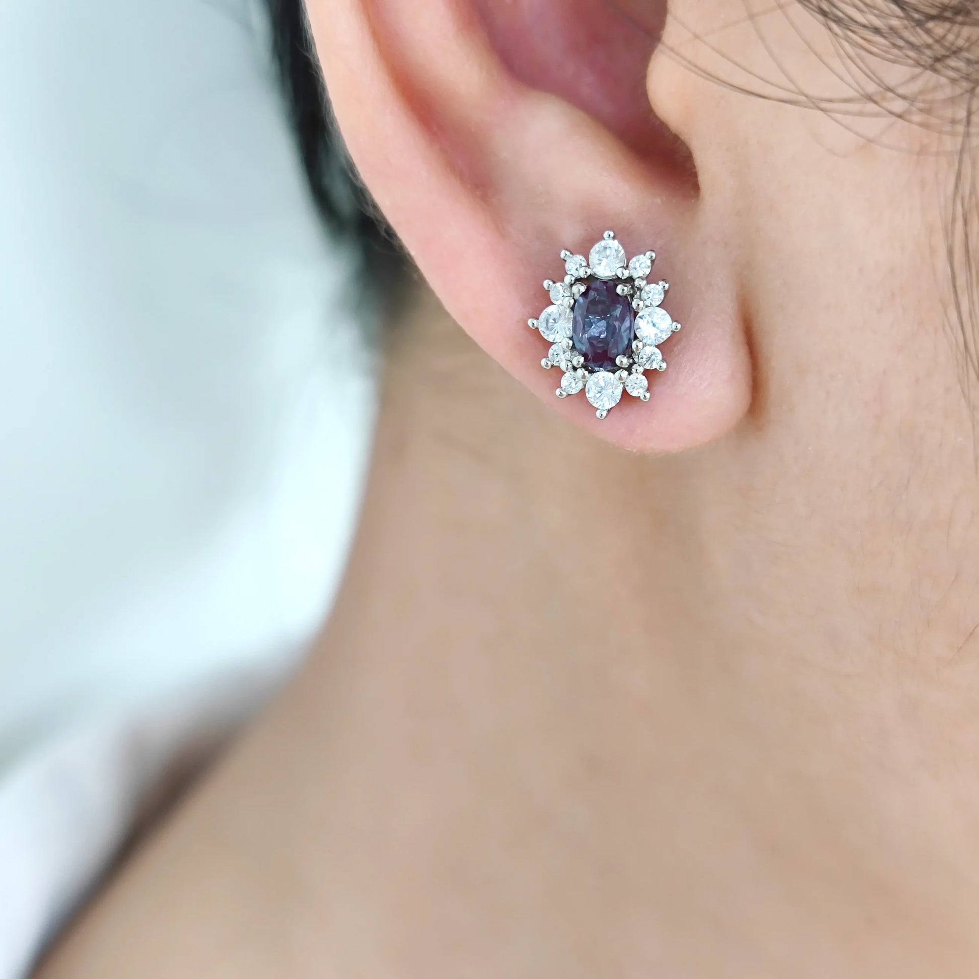 925 Sterling Silver Halo Stud Earrings with Lab Alexandrite - Choosen Jewelry