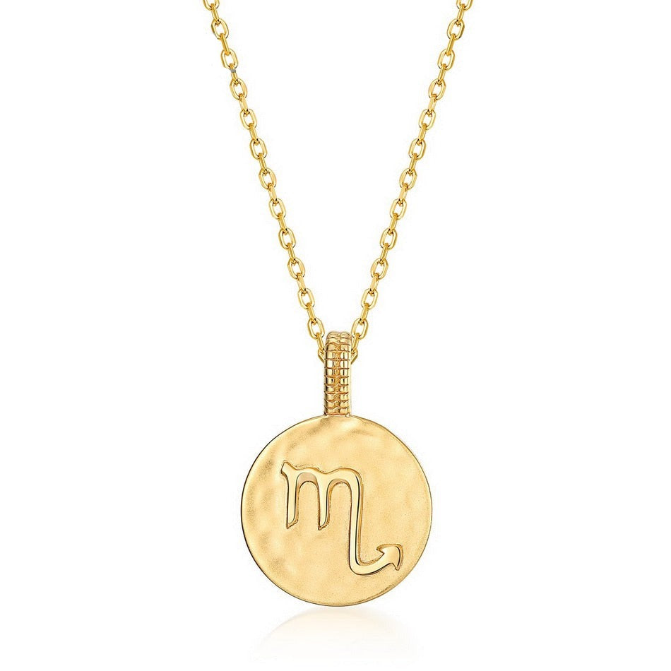 Zodiac Sign Coin Necklace, 12 Constellation Pendant, 10K Gold Plated