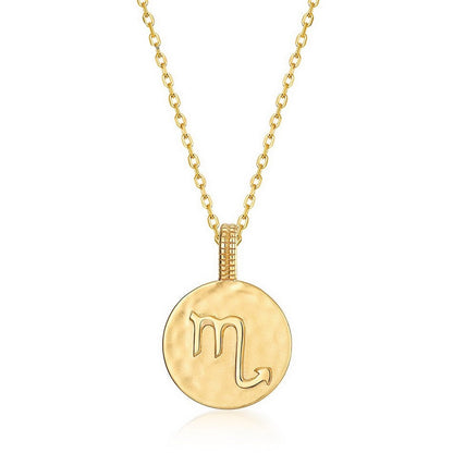 Zodiac Sign Coin Necklace, 12 Constellation Pendant, 10K Gold Plated