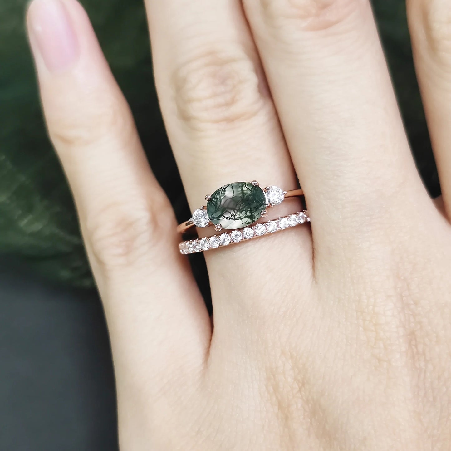 Oval Cut Moss Agate Pave Engagement Ring Set in Rose Gold - 925 Sterling Silver, with Round Cut CZ Side Stones, Moss Agate Promise Ring Set for Women