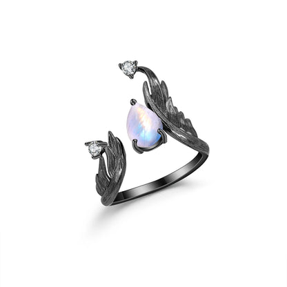 Exquisite Adjustable Angel Wing Moonstone Ring with CZ in 925 Sterling Silver - Elegant Handmade Jewelry - Perfect Gift for Women