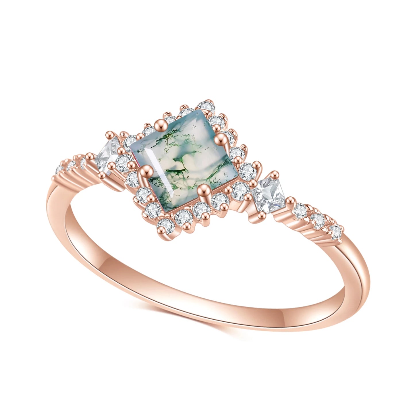 Princess Cut Moss Agate Halo Engagement Ring Set in Rose Gold - 925 Sterling Silver, with Marquise and Round Cut CZ Side Stones, Moss Agate Promise Ring Set for Women