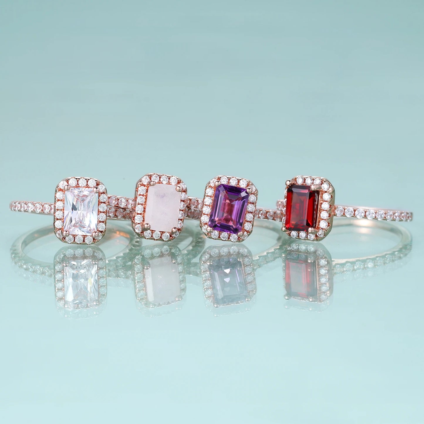 Choosen Jewelry: Emerald Cut Garnet Halo Engagement Ring Set in Sterling Silver