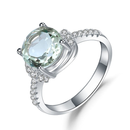 Round Cut Green Amethyst Ring, 4 Prong Set in 925 Sterling Silver 