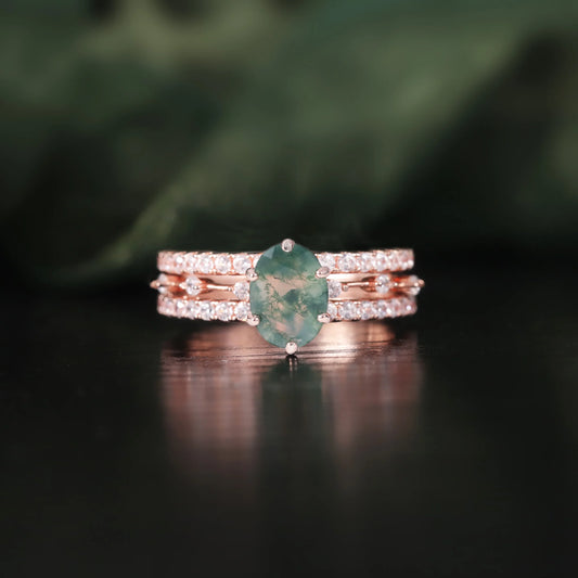 Oval Cut Moss Agate Halo Engagement Ring Set in Rose Gold - 925 Sterling Silver, with Round Cut CZ Side Stones, Moss Agate Promise Ring Set for Women