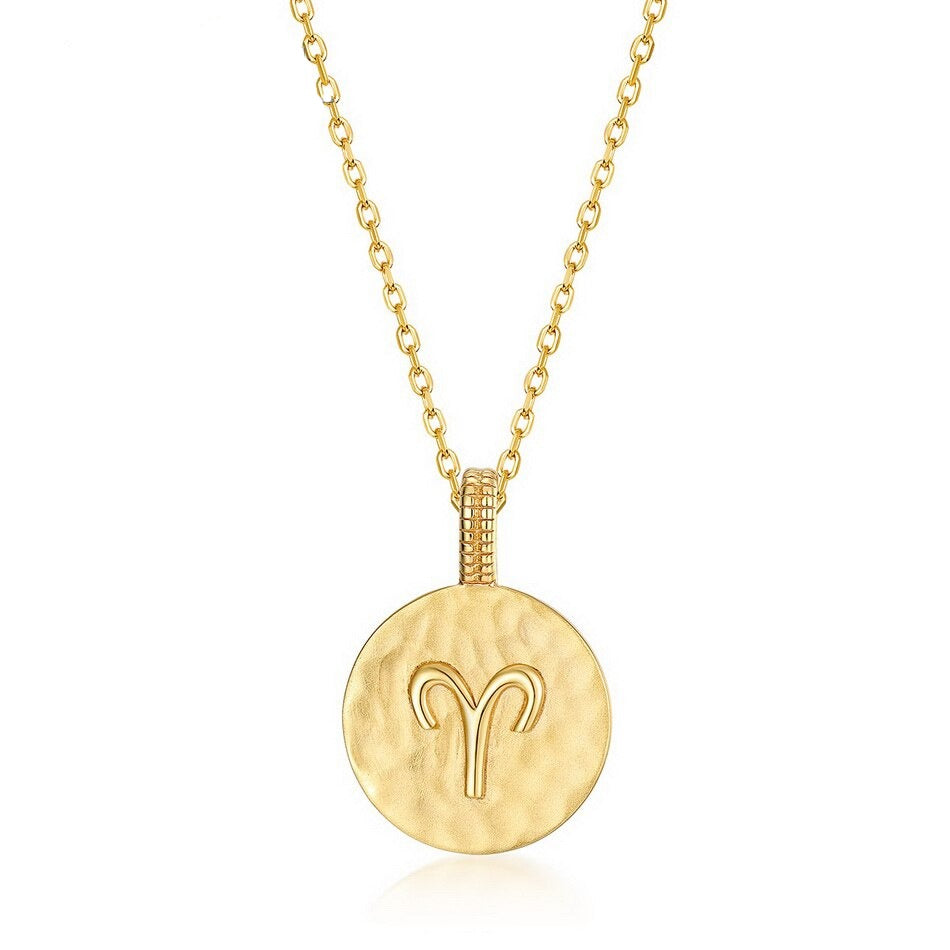 Zodiac Sign Coin Necklace, 12 Constellation Pendant, 10K Gold Plated