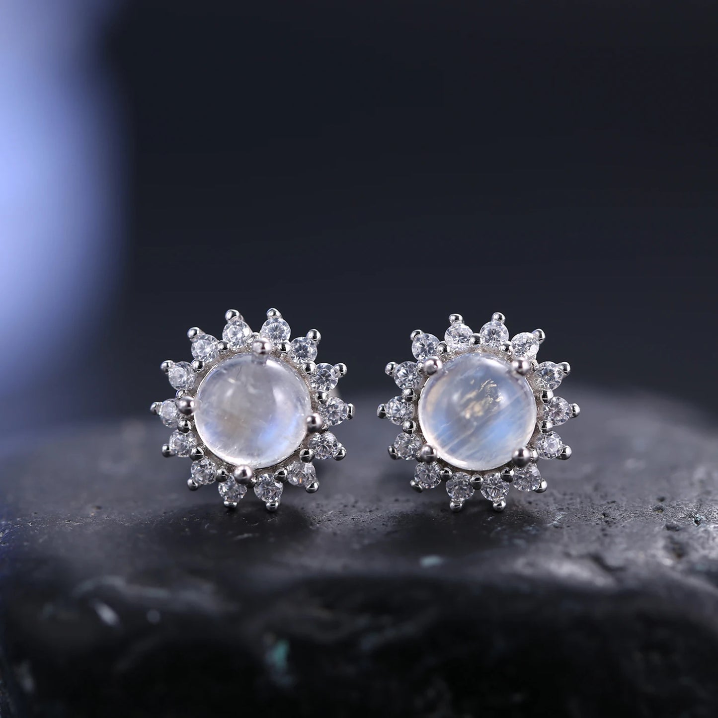 Moonstone Halo Stud Earrings in 925 Sterling Silver with Round Cut CZ Side Stones, Elegant June Birthstone Jewelry, Ideal Moonstone Gifts - 5*5mm