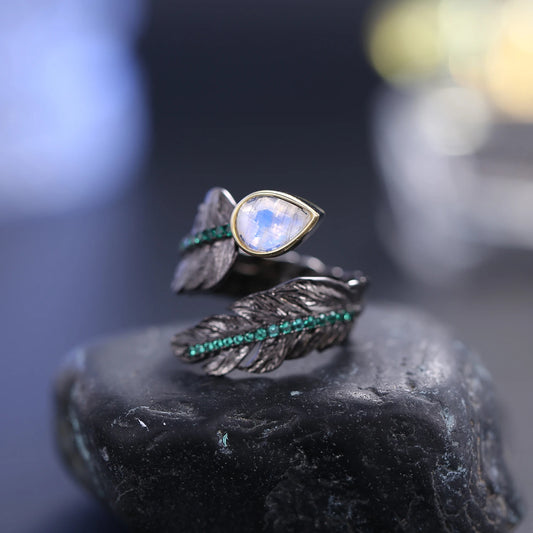 June Birthstone Moonstone Ring | Sterling Silver Adjustable Feather Design | Choosen Jewelry