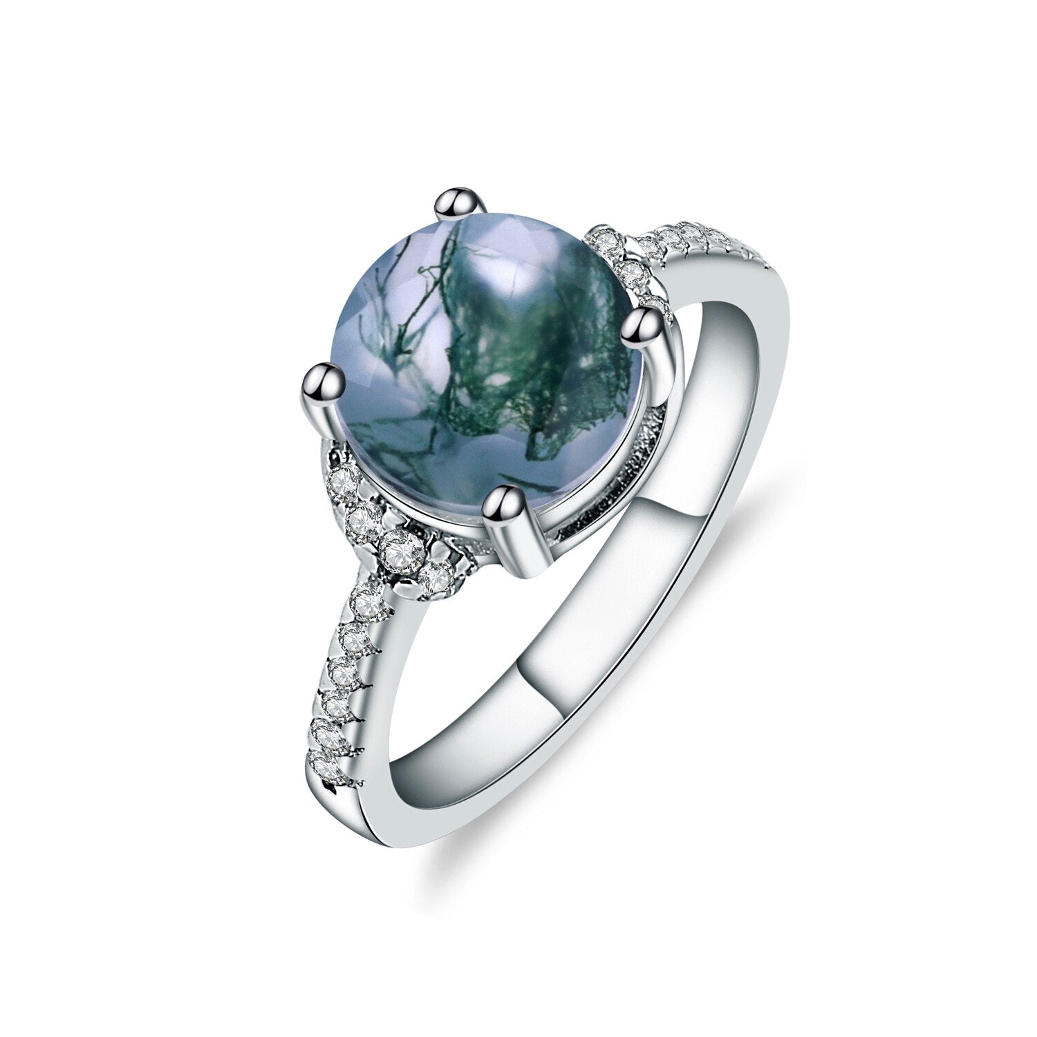 Round Cut Moss Agate Ring, 4 Prong Set in 925 Sterling Silver