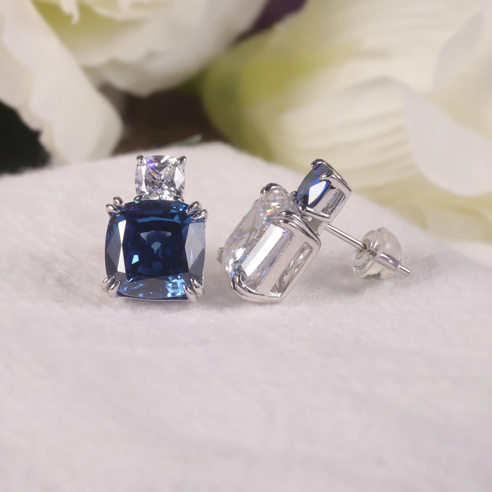 Sterling Silver Cushion Cut Blue CZ Diamond Stud Earrings - Choosen Jewelry