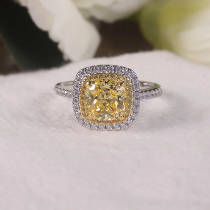 Choosen Jewelry: 8mm Cushion Yellow CZ Halo Engagement Ring in 925 Sterling Silver