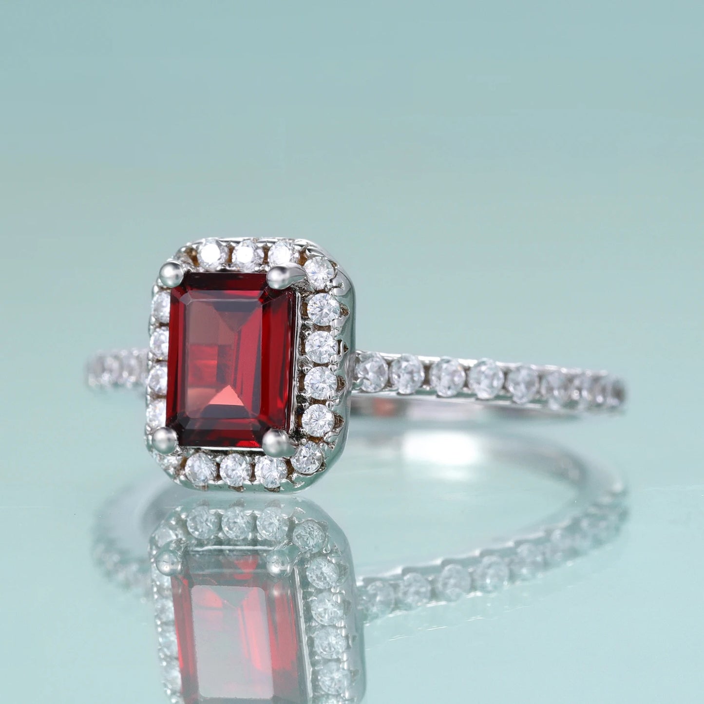 Choosen Jewelry: Emerald Cut Garnet Halo Engagement Ring Set in Sterling Silver