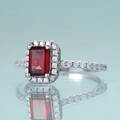 Choosen Jewelry: Emerald Cut Garnet Halo Engagement Ring Set in Sterling Silver