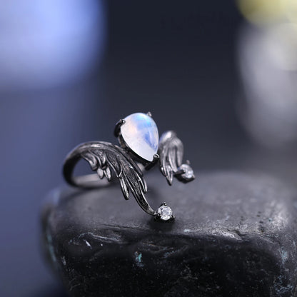 Exquisite Adjustable Angel Wing Moonstone Ring with CZ in 925 Sterling Silver - Elegant Handmade Jewelry - Perfect Gift for Women