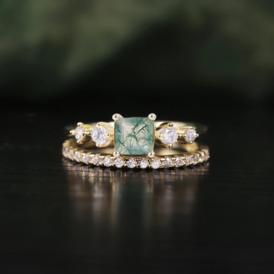 Square Shaped Moss Agate Pave Engagement Ring Set in Gold - 925 Sterling Silver, with Round Cut CZ Side Stones, Moss Agate Promise Ring Set for Women