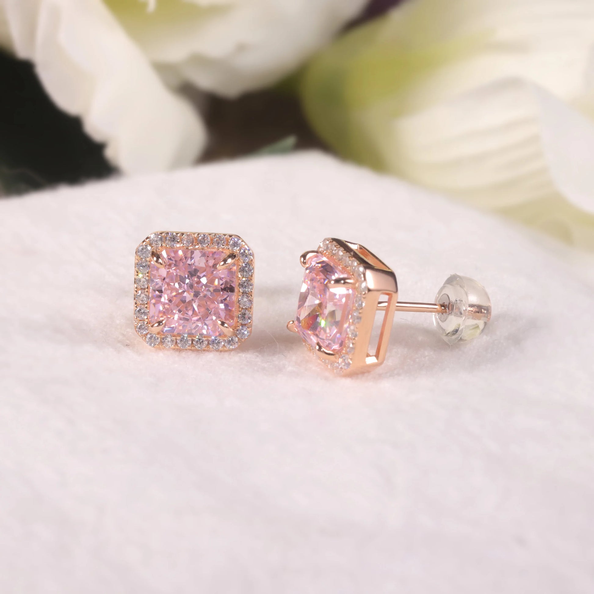 Choosen Jewelry: 925 Sterling Silver Pink CZ Diamond Halo Stud Earrings - Luxury Women's Gift