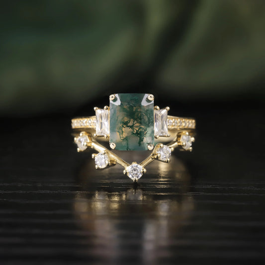 Emerald Cut Moss Agate Engagement Ring Set in Gold - 925 Sterling Silver, with Emerald and Round Cut CZ Side Stones, Moss Agate Promise Ring Set for Women