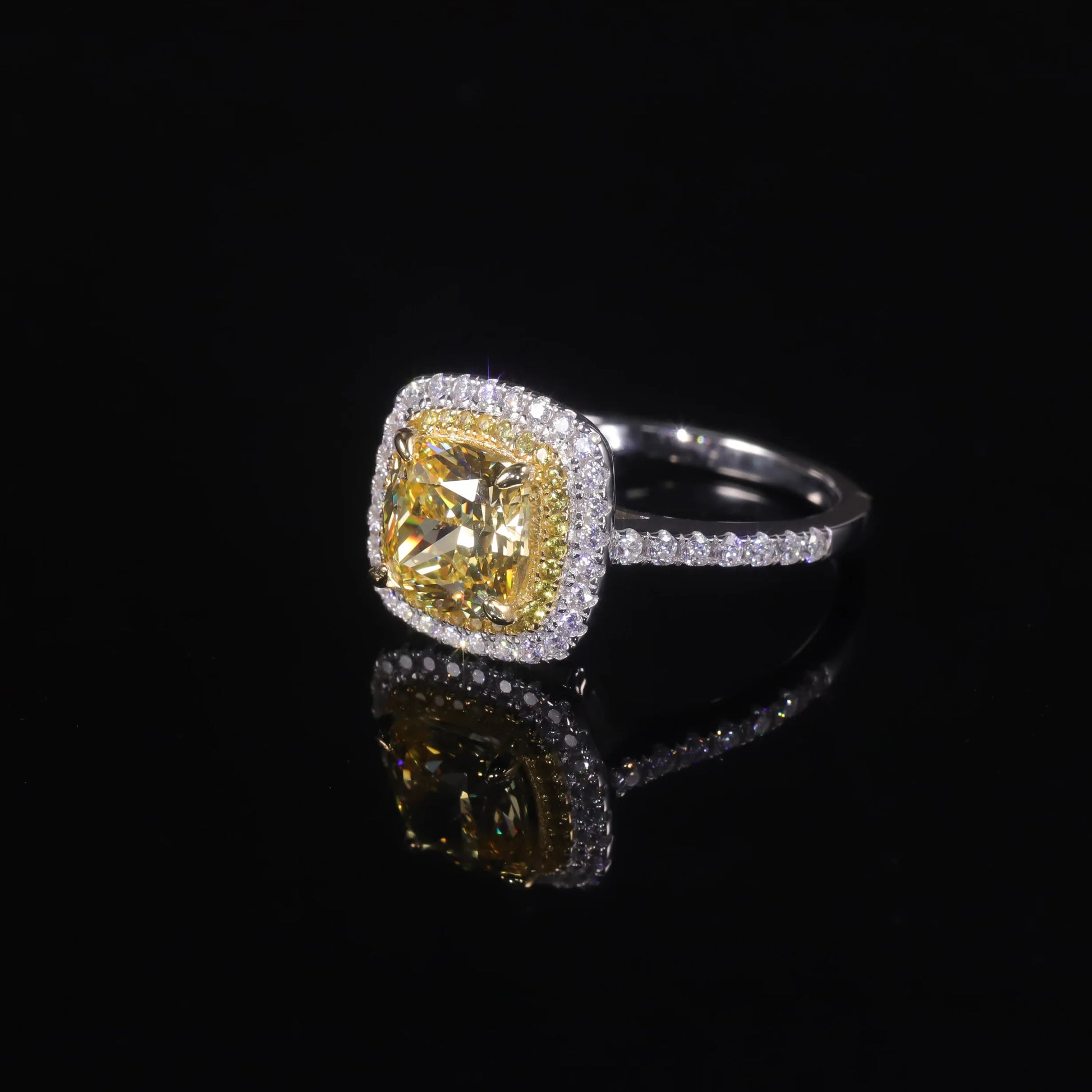 Choosen Jewelry: 8mm Cushion Yellow CZ Halo Engagement Ring in 925 Sterling Silver