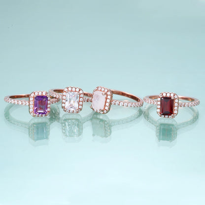 Choosen Jewelry: Emerald Cut Amethyst Halo Engagement Ring - 925 Sterling Silver Art Deco Bridal Jewelry