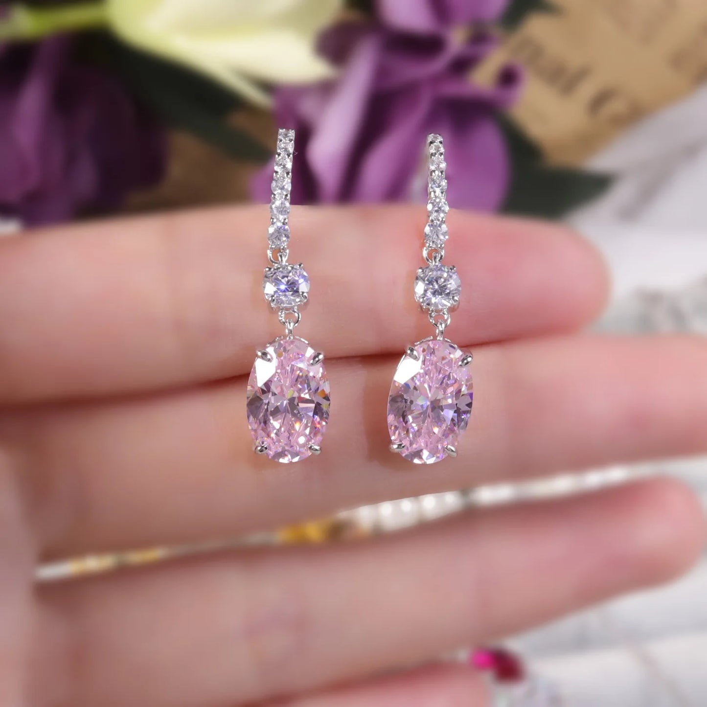 Choosen Jewelry: Pink CZ Diamond Drop Earrings in 925 Sterling Silver, White Gold Plated