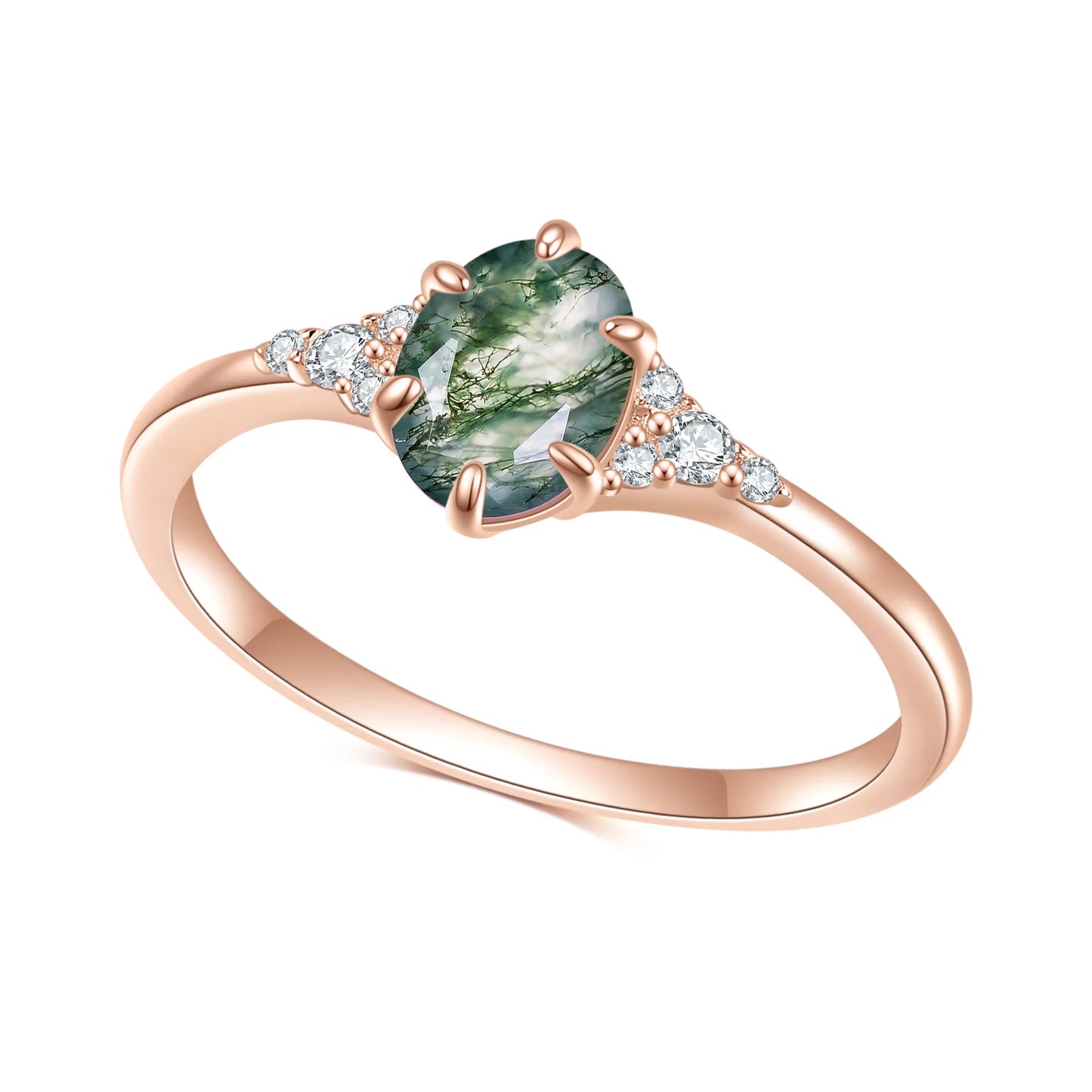 Oval Cut Moss Agate Cluster Engagement Ring Set in Rose Gold - 925 Sterling Silver, with Round Cut CZ Side Stones, Moss Agate Curved Promise Ring Set for Women