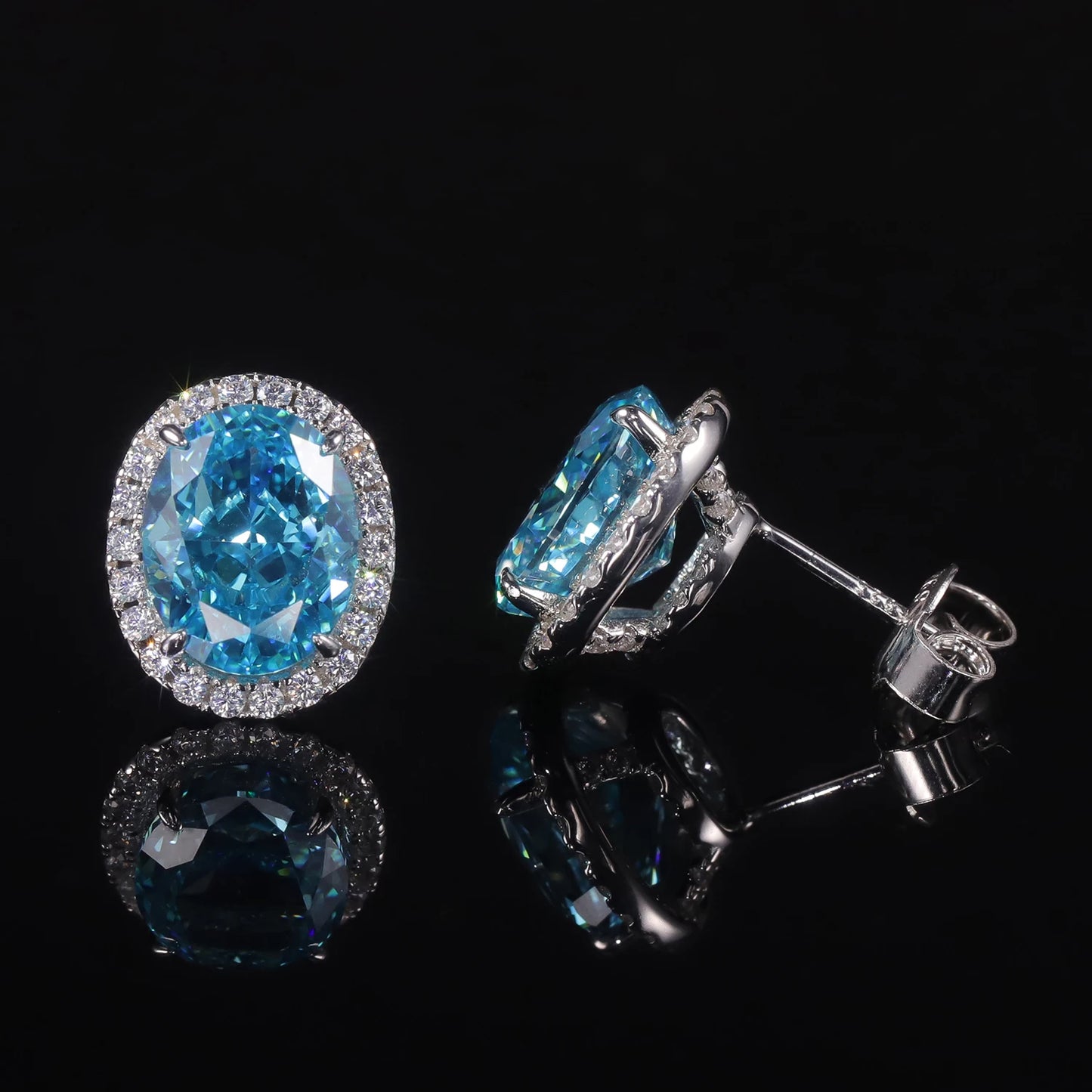 Choosen Jewelry: 925 Sterling Silver Aqua Blue Halo Stud Earrings with Oval Diamond-fire CZ