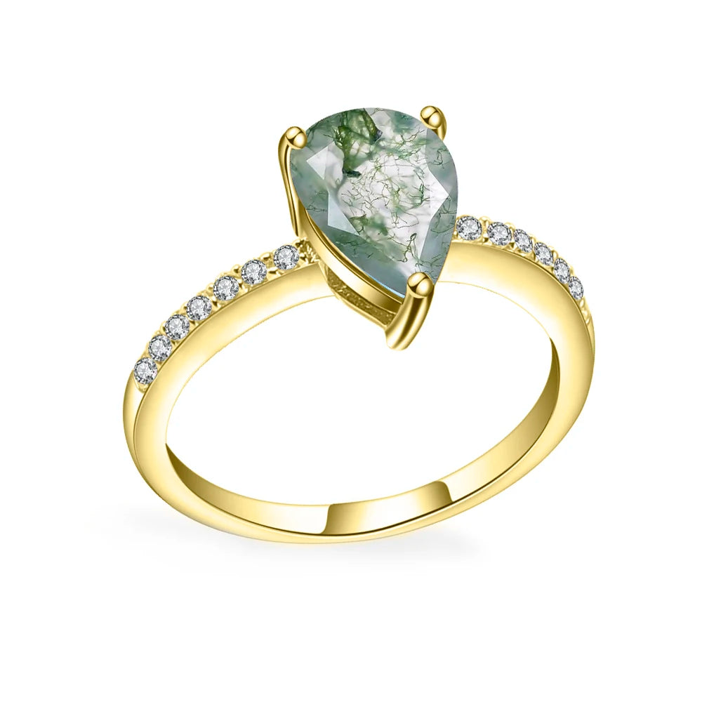 Pear Cut Moss Agate Engagement Ring Set in Gold - 925 Sterling Silver, with Round Cut CZ Side Stones, Moss Agate Promise Ring Set for Women