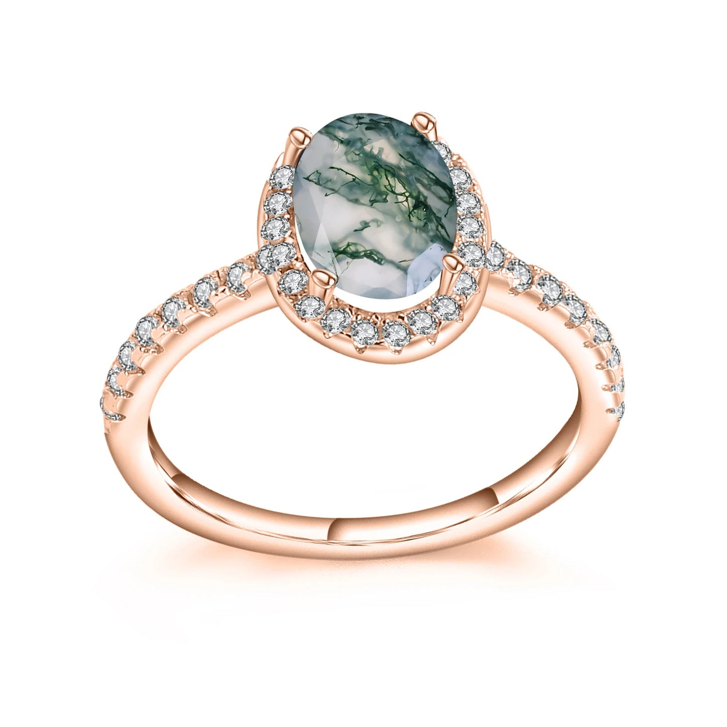 Oval Moss Agate Halo Pave Engagement Ring Set in Rose Gold - 925 Sterling Silver, with Round Cut CZ Side Stones, Moss Agate Promise Ring for Women