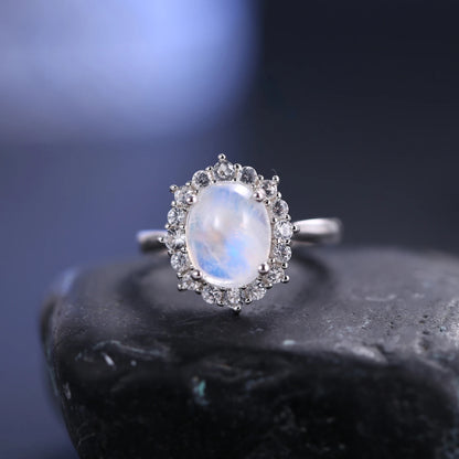 Stunning 3.24CT Oval Cut Moonstone Cluster Halo Engagement Ring with CZ in 925 Sterling Silver - Elegant Handmade Jewelry for Women